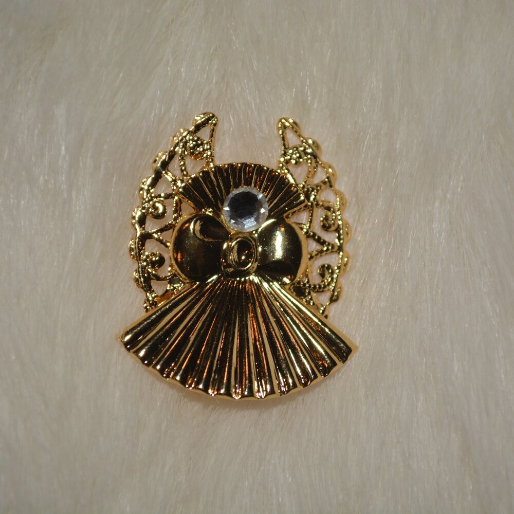 Brooch Pin of Gold Angel with Rhinestone Center